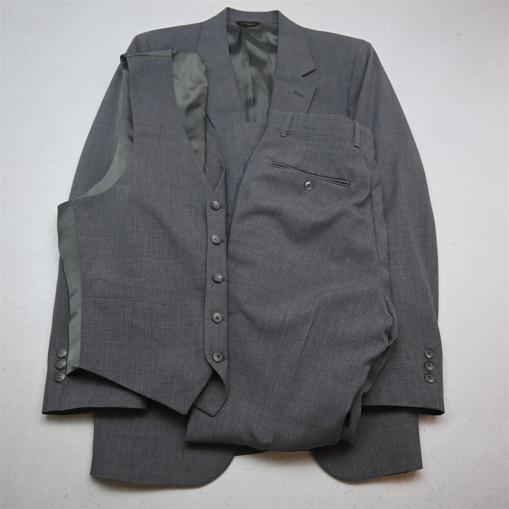 Vtg USA Made 3 Piece Vest 40R 30x32 Gray Wool Flared Mens Jacket Pants Suit